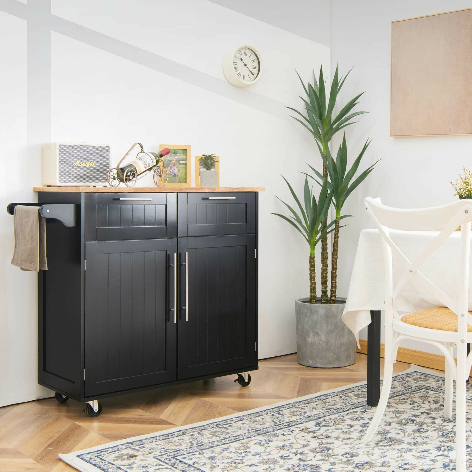 Heavy Duty Rolling Kitchen Cart with Tower Holder and Drawer, Black Kitchen Islands & Carts   at Gallery Canada