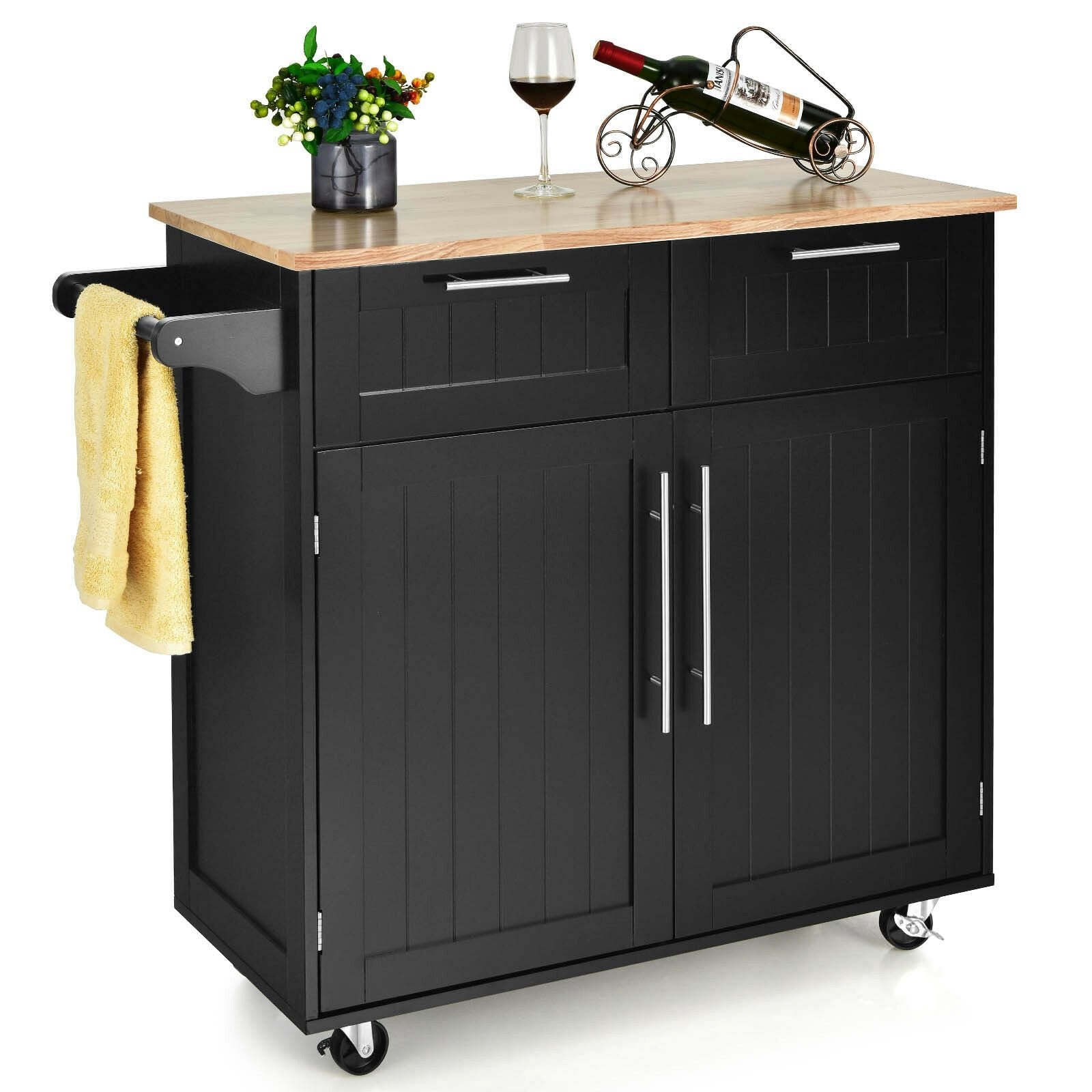 Heavy Duty Rolling Kitchen Cart with Tower Holder and Drawer, Black Kitchen Islands & Carts   at Gallery Canada