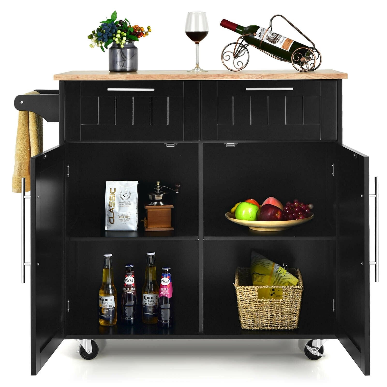 Heavy Duty Rolling Kitchen Cart with Tower Holder and Drawer, Black Kitchen Islands & Carts   at Gallery Canada