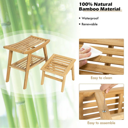 Bamboo Shower Seat Bench with Underneath Storage Shelf, Natural - Gallery Canada