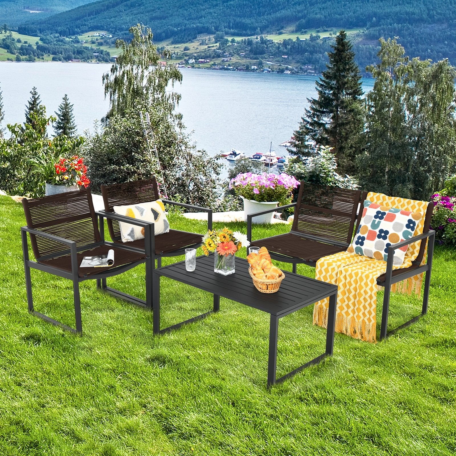 4 Pieces Patio Furniture Conversation Set with Sofa Loveseat, Black Patio Conversation Sets   at Gallery Canada