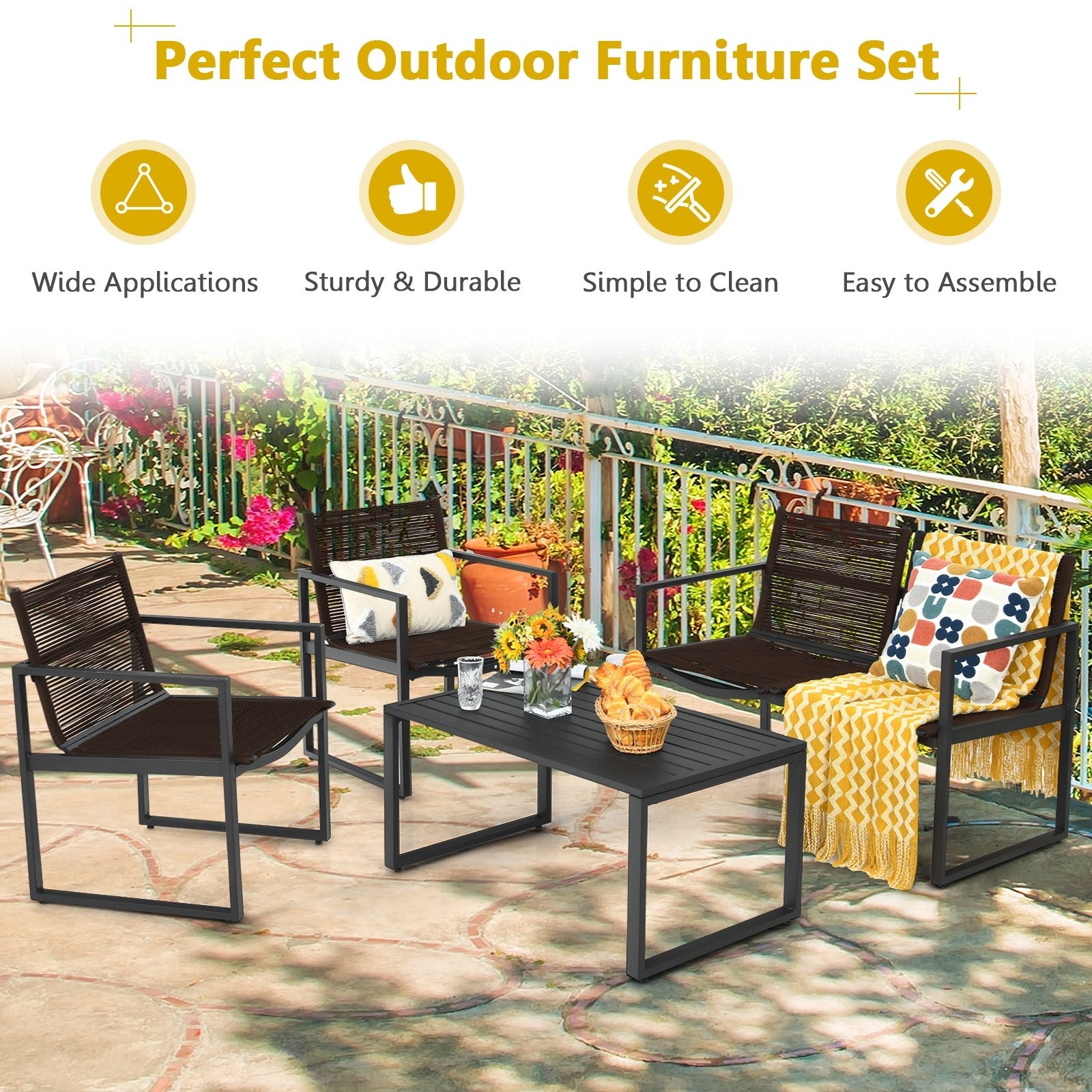 4 Pieces Patio Furniture Conversation Set with Sofa Loveseat, Black - Gallery Canada