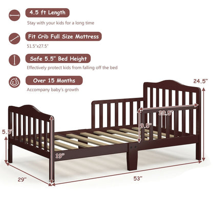 Classic Design Kids Wood Toddler Bed Frame with Two Side Safety Guardrails, Brown Toddler Beds   at Gallery Canada