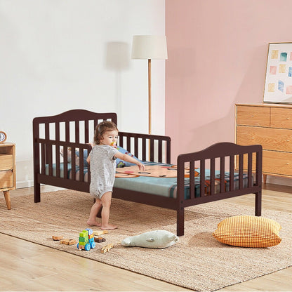 Classic Design Kids Wood Toddler Bed Frame with Two Side Safety Guardrails, Brown Toddler Beds   at Gallery Canada