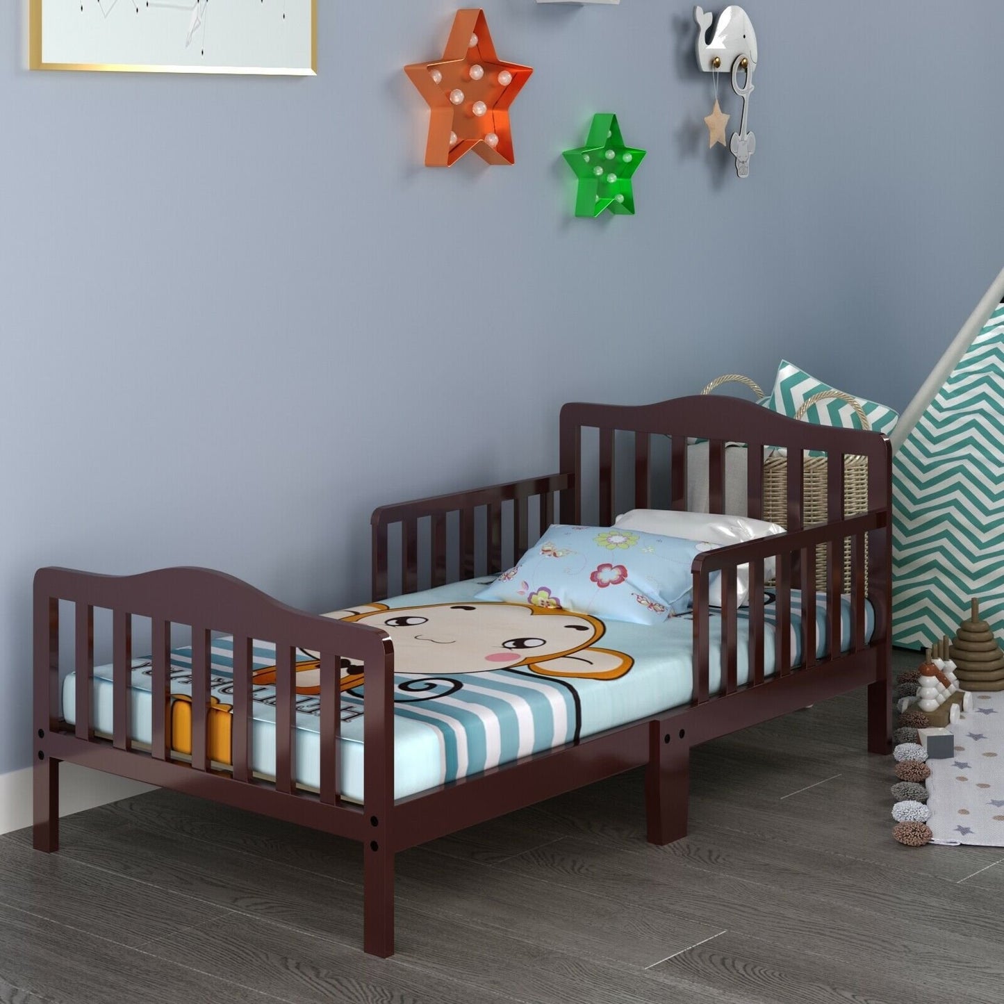 Classic Design Kids Wood Toddler Bed Frame with Two Side Safety Guardrails, Brown Toddler Beds   at Gallery Canada