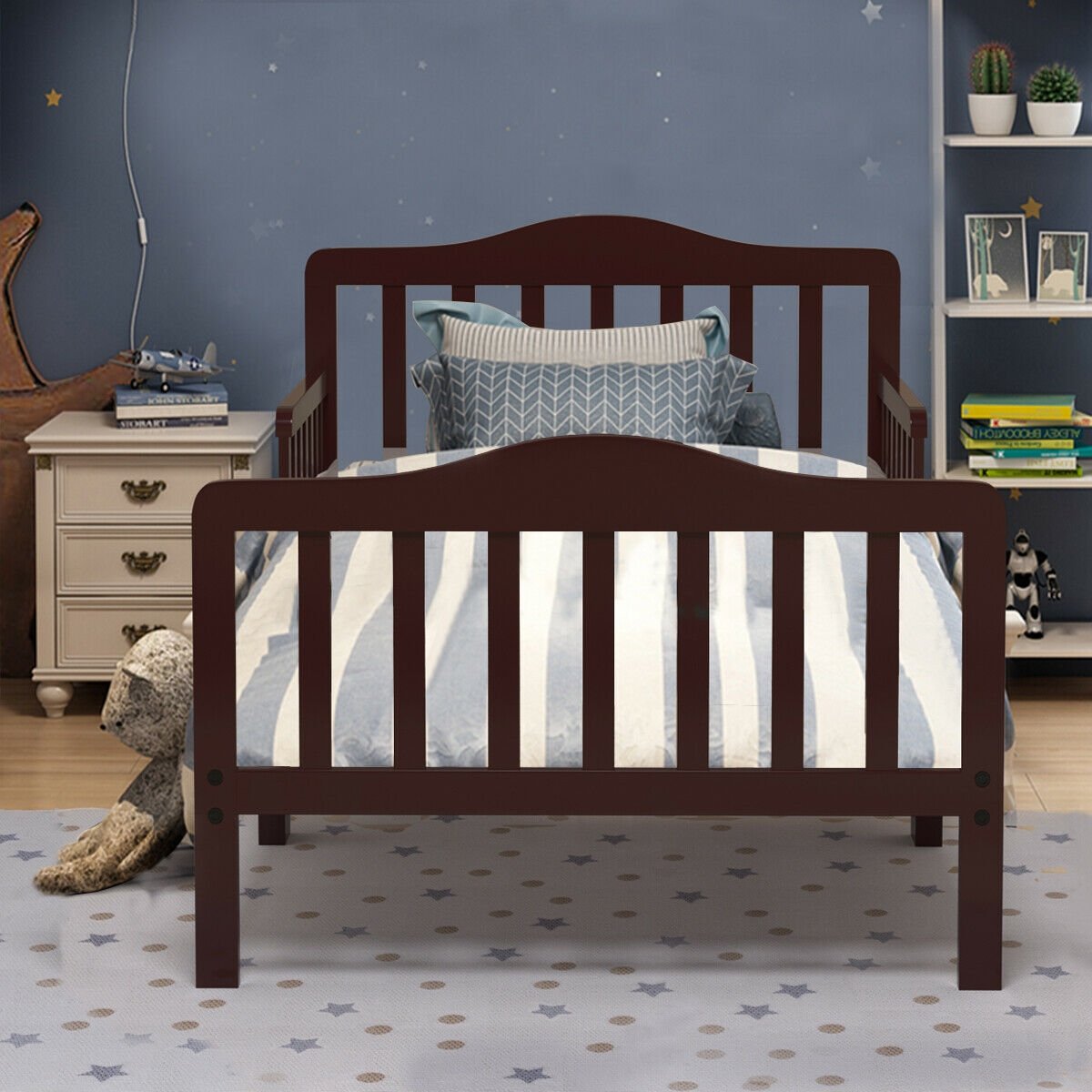 Classic Design Kids Wood Toddler Bed Frame with Two Side Safety Guardrails, Brown Toddler Beds   at Gallery Canada