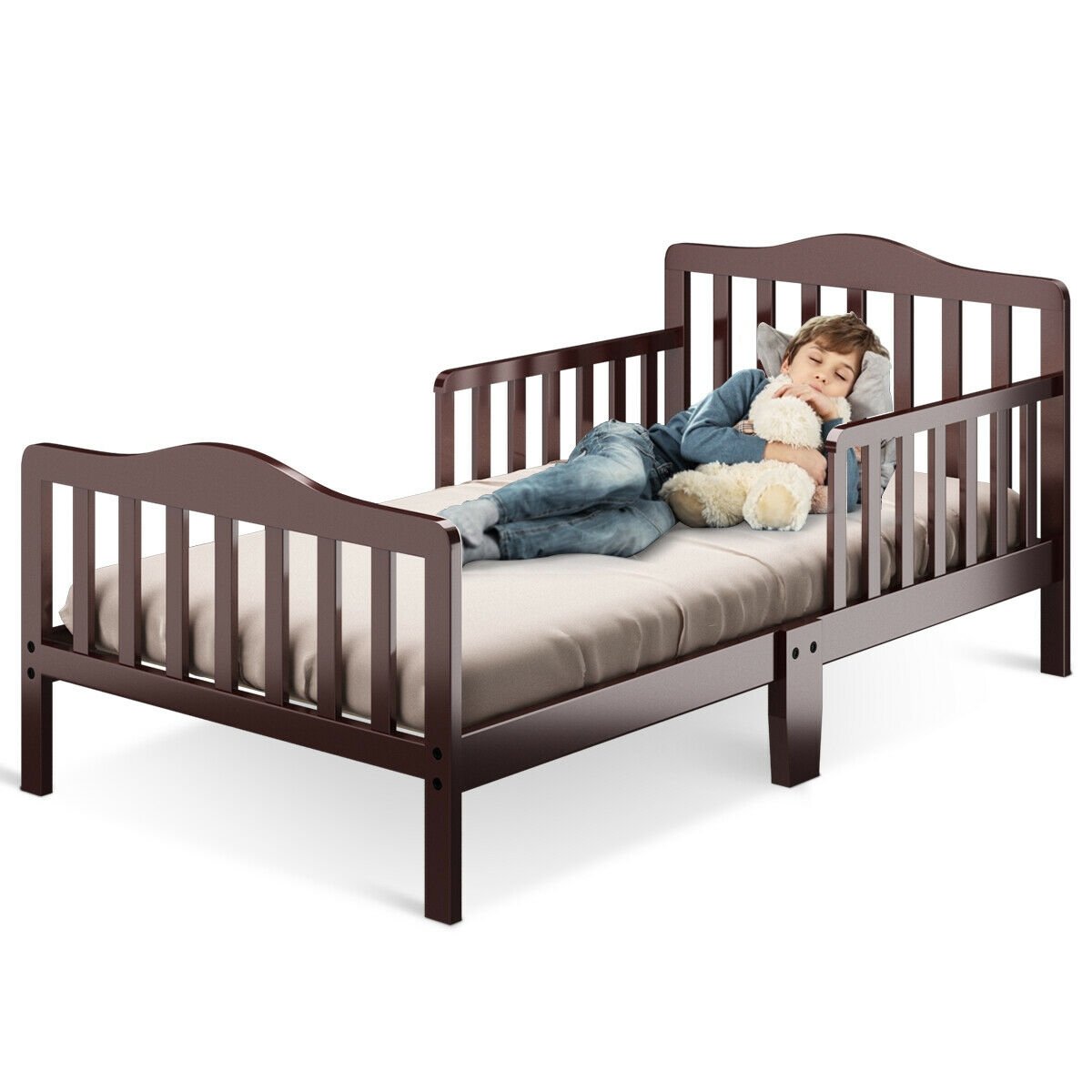 Classic Design Kids Wood Toddler Bed Frame with Two Side Safety Guardrails, Brown Toddler Beds   at Gallery Canada