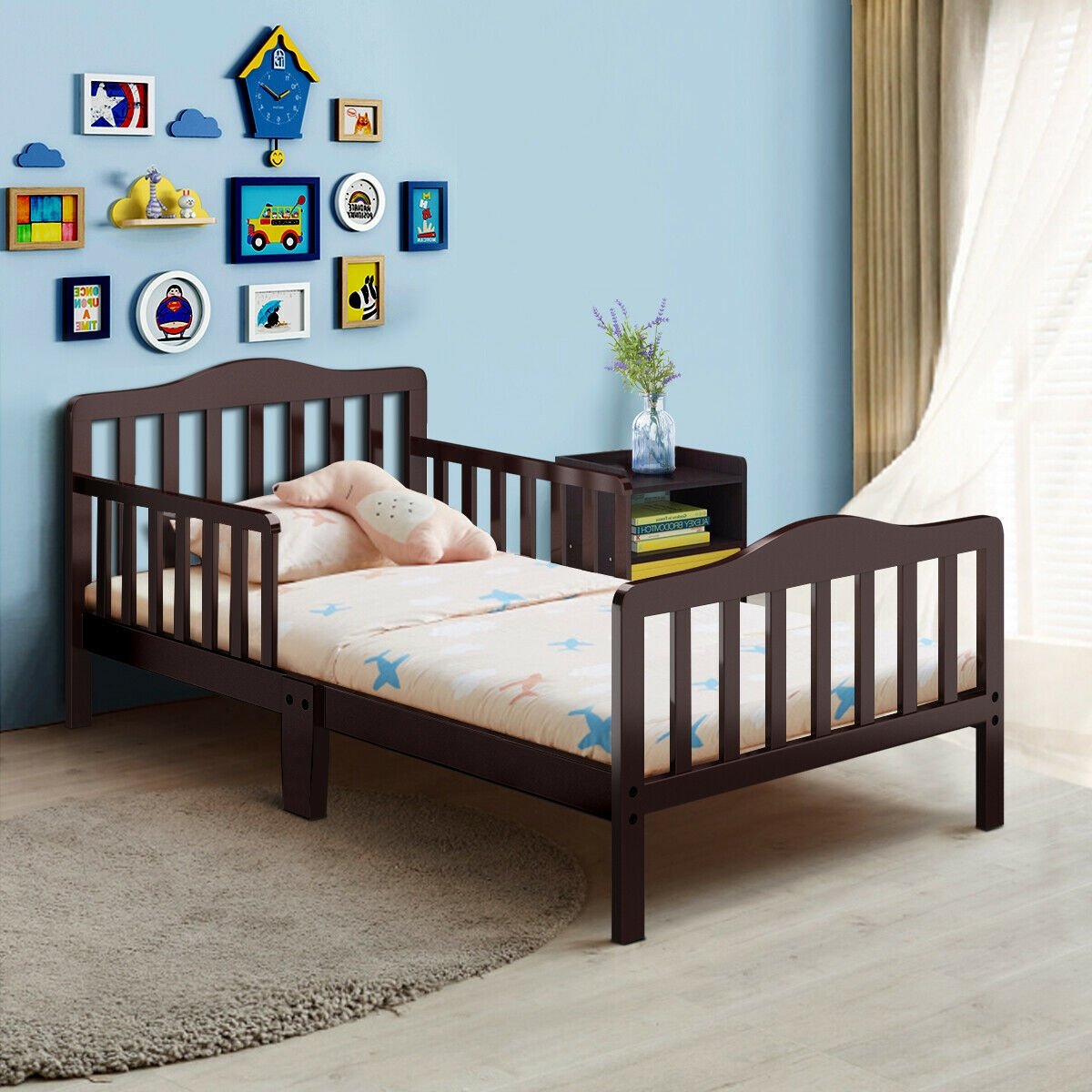 Classic Design Kids Wood Toddler Bed Frame with Two Side Safety Guardrails, Brown Toddler Beds   at Gallery Canada