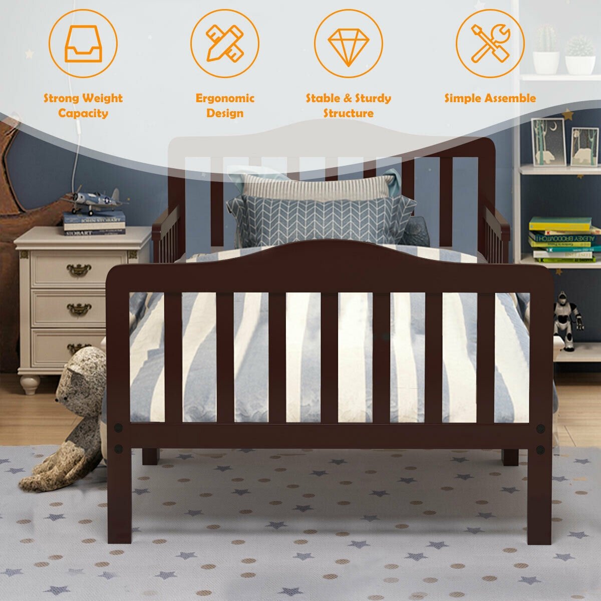 Classic Design Kids Wood Toddler Bed Frame with Two Side Safety Guardrails, Brown Toddler Beds   at Gallery Canada