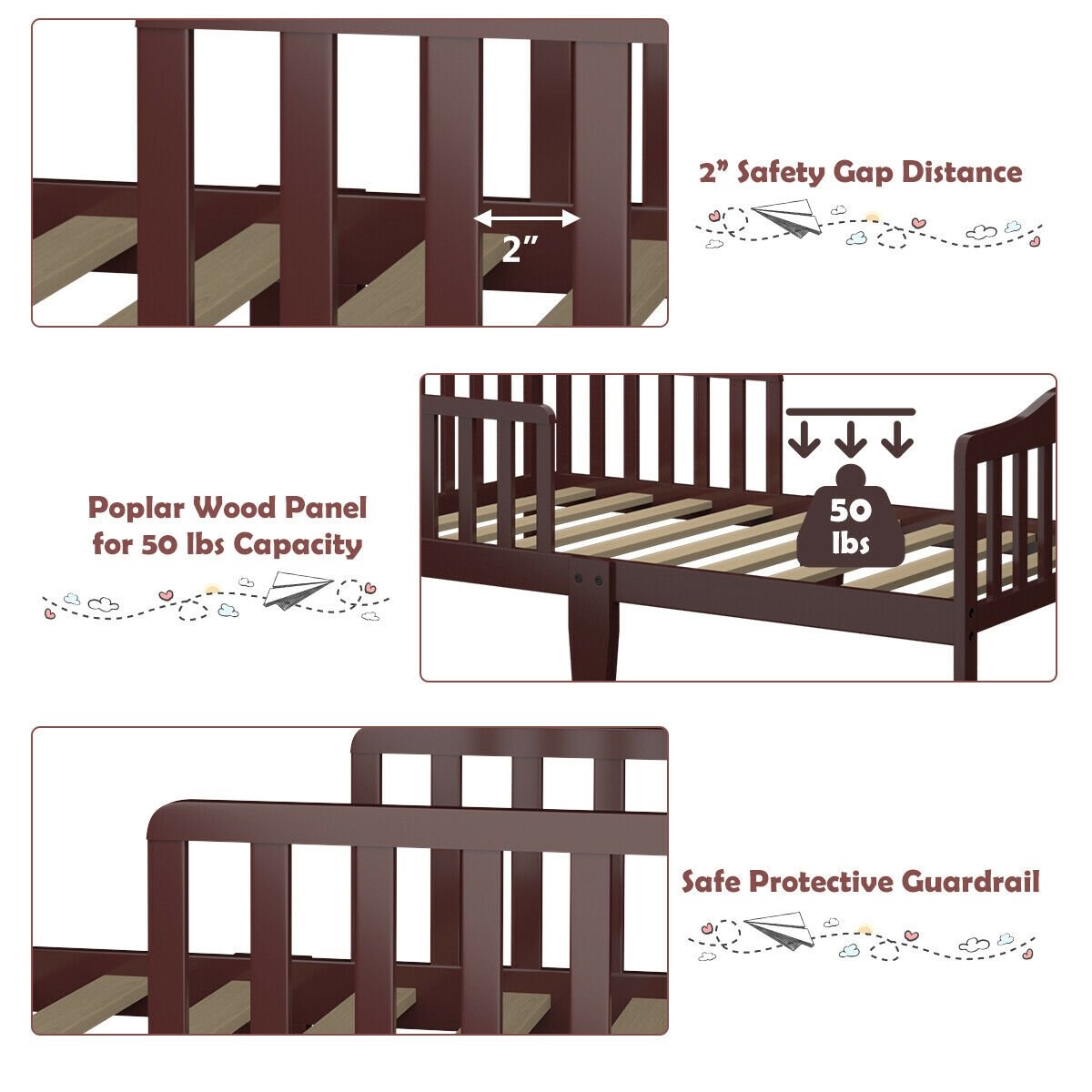 Classic Design Kids Wood Toddler Bed Frame with Two Side Safety Guardrails, Brown Toddler Beds   at Gallery Canada