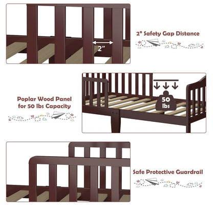 Classic Design Kids Wood Toddler Bed Frame with Two Side Safety Guardrails, Brown Toddler Beds   at Gallery Canada