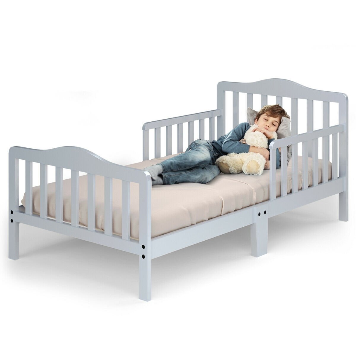 Classic Design Kids Wood Toddler Bed Frame with Two Side Safety Guardrailss, Gray Toddler Beds   at Gallery Canada