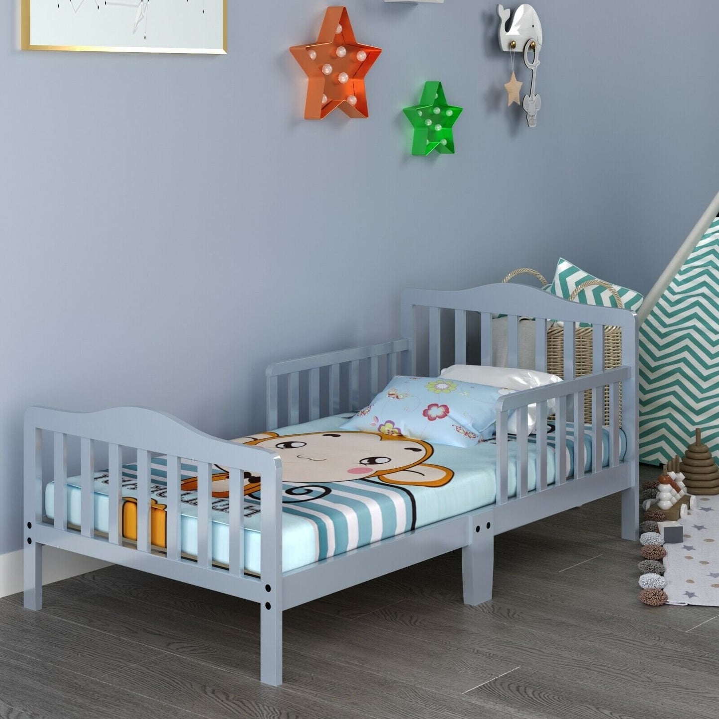 Classic Design Kids Wood Toddler Bed Frame with Two Side Safety Guardrailss, Gray Toddler Beds   at Gallery Canada