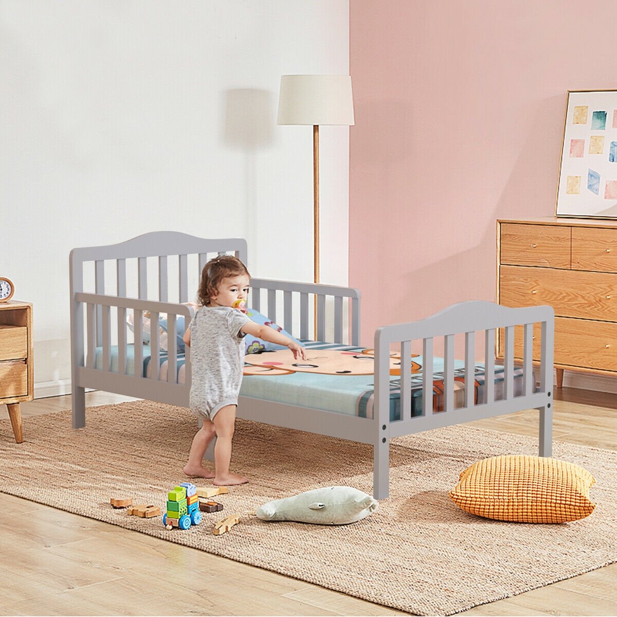 Classic Design Kids Wood Toddler Bed Frame with Two Side Safety Guardrailss, Gray Toddler Beds   at Gallery Canada