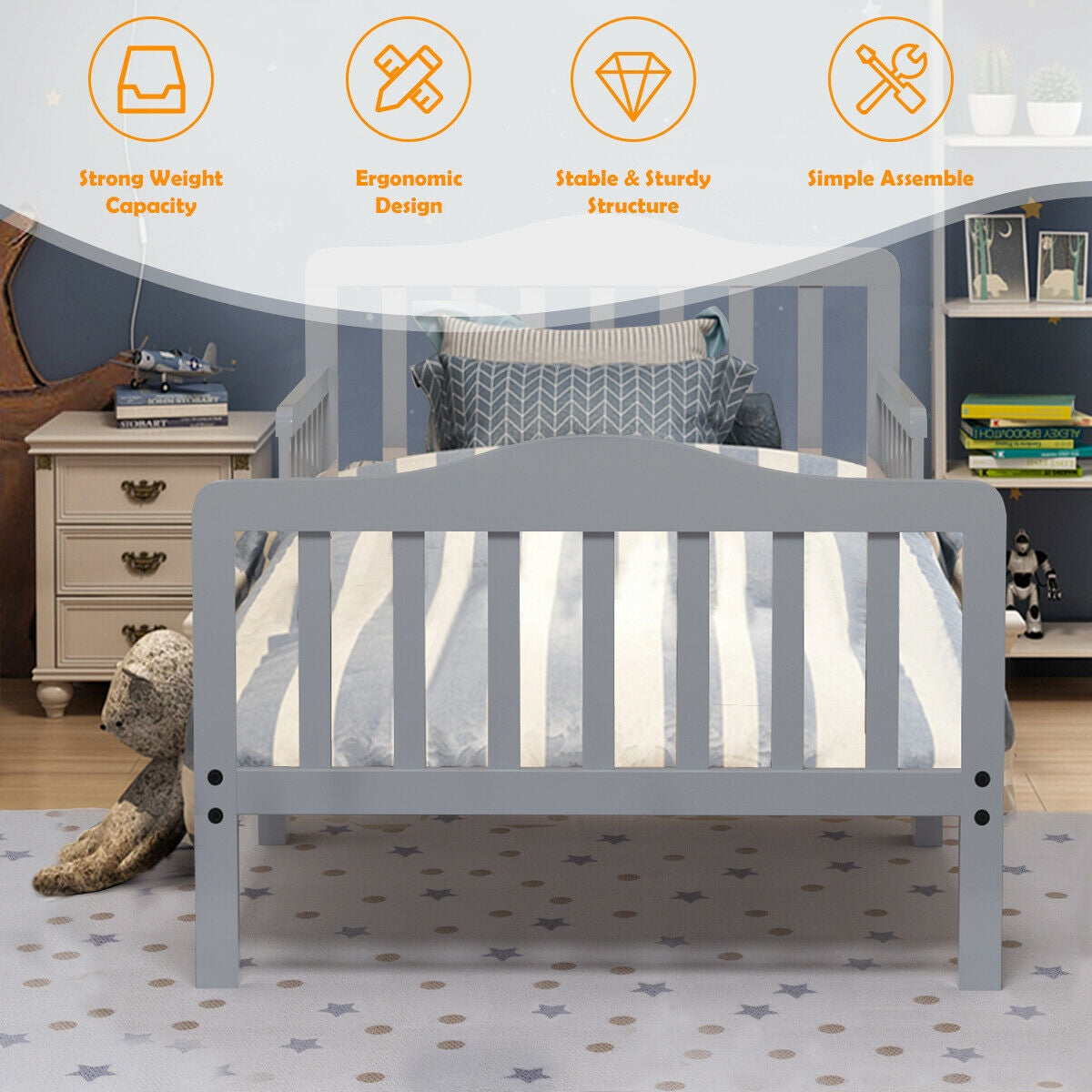 Classic Design Kids Wood Toddler Bed Frame with Two Side Safety Guardrailss, Gray Toddler Beds at Gallery Canada