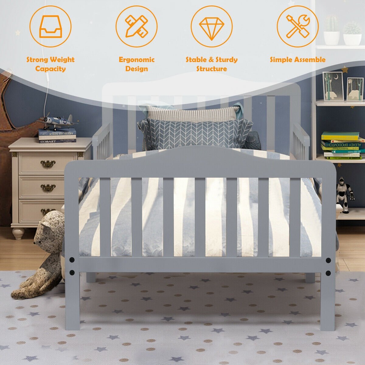 Classic Design Kids Wood Toddler Bed Frame with Two Side Safety Guardrailss, Gray Toddler Beds   at Gallery Canada