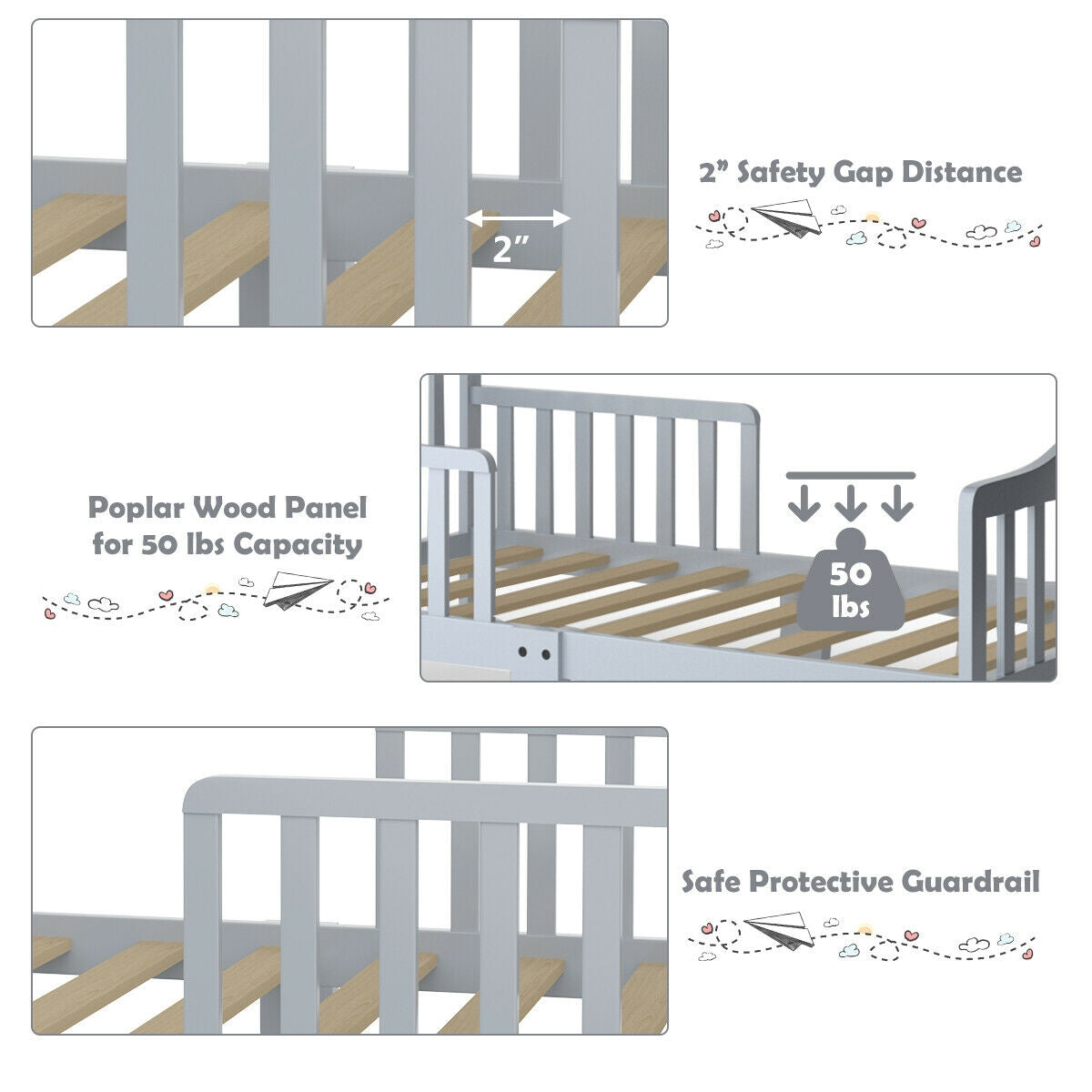 Classic Design Kids Wood Toddler Bed Frame with Two Side Safety Guardrailss, Gray Toddler Beds at Gallery Canada