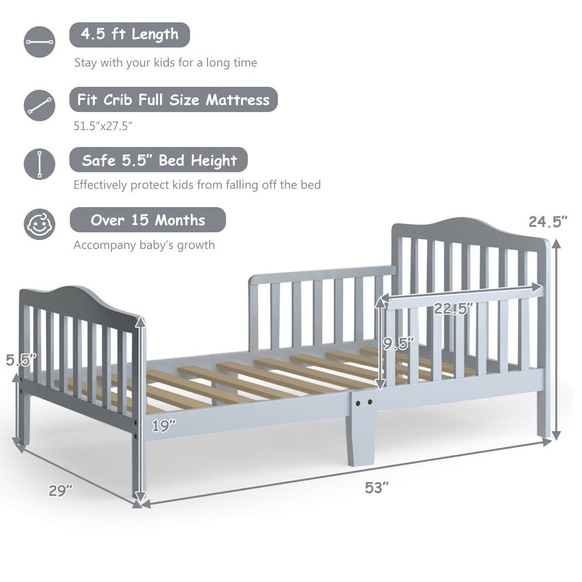 Classic Design Kids Wood Toddler Bed Frame with Two Side Safety Guardrailss, Gray Toddler Beds   at Gallery Canada