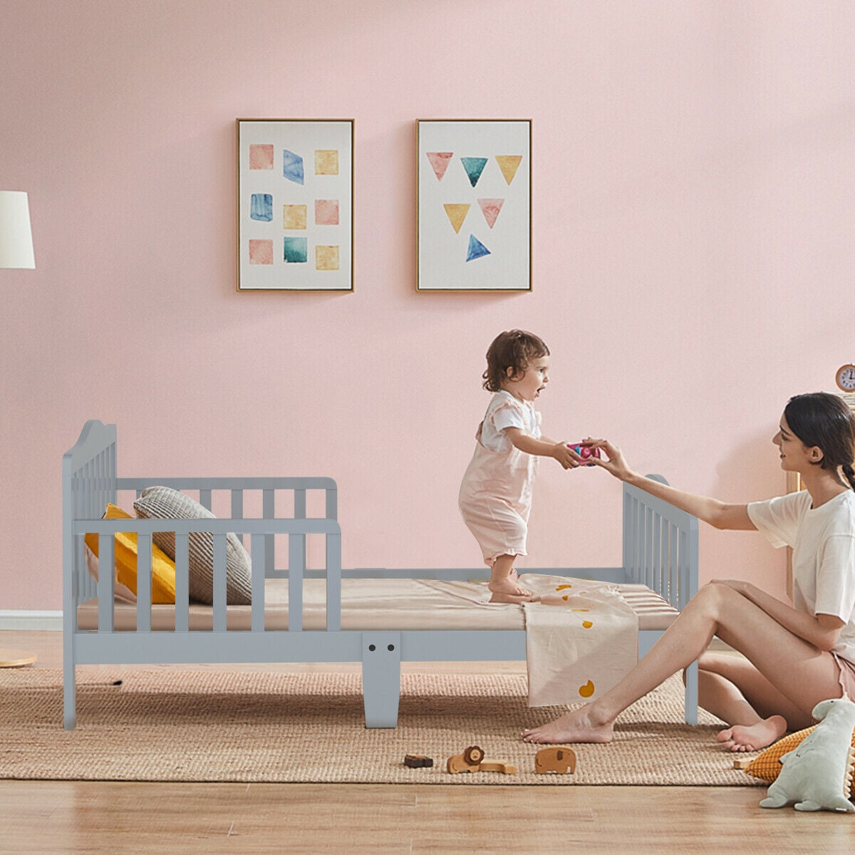 Classic Design Kids Wood Toddler Bed Frame with Two Side Safety Guardrailss, Gray Toddler Beds at Gallery Canada