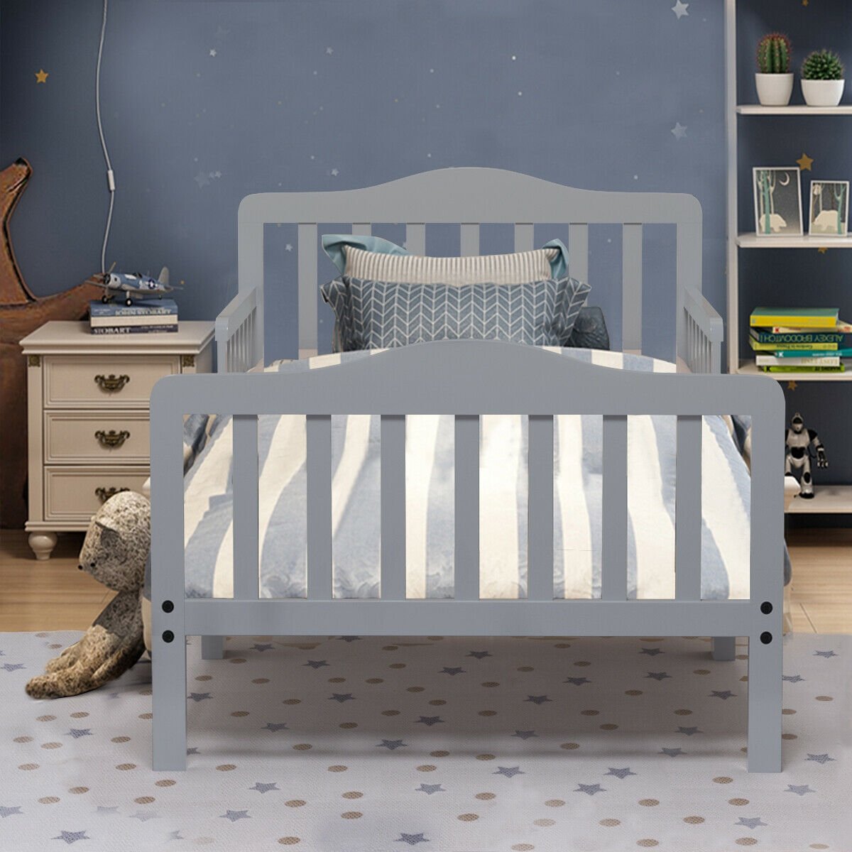 Classic Design Kids Wood Toddler Bed Frame with Two Side Safety Guardrailss, Gray Toddler Beds   at Gallery Canada