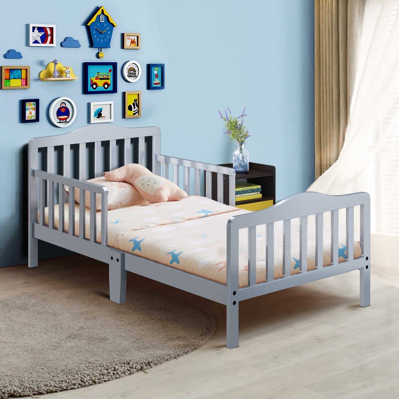 Classic Design Kids Wood Toddler Bed Frame with Two Side Safety Guardrailss, Gray Toddler Beds at Gallery Canada