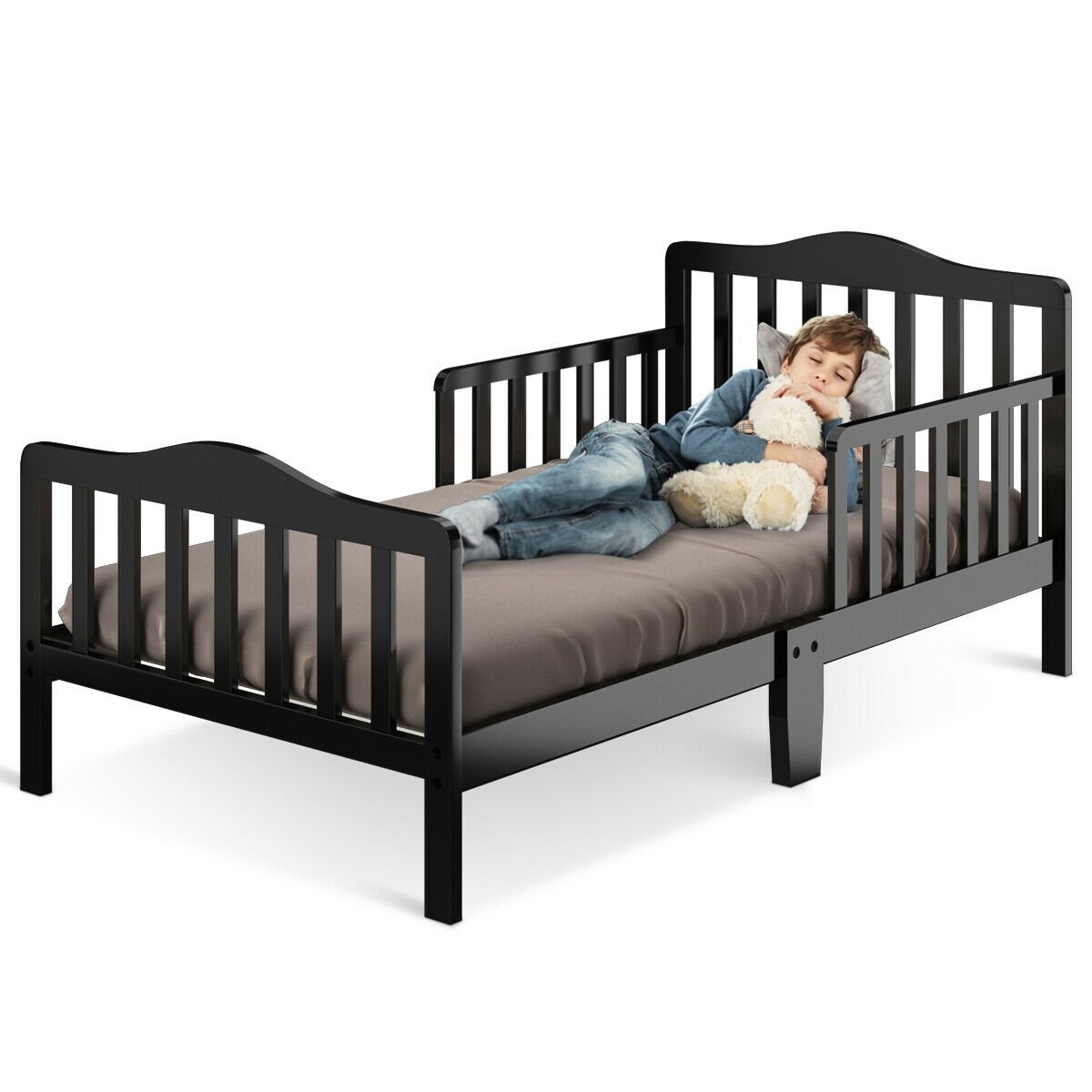 Classic Design Kids Wood Toddler Bed Frame with Two Side Safety Guardrails, Black Toddler Beds   at Gallery Canada