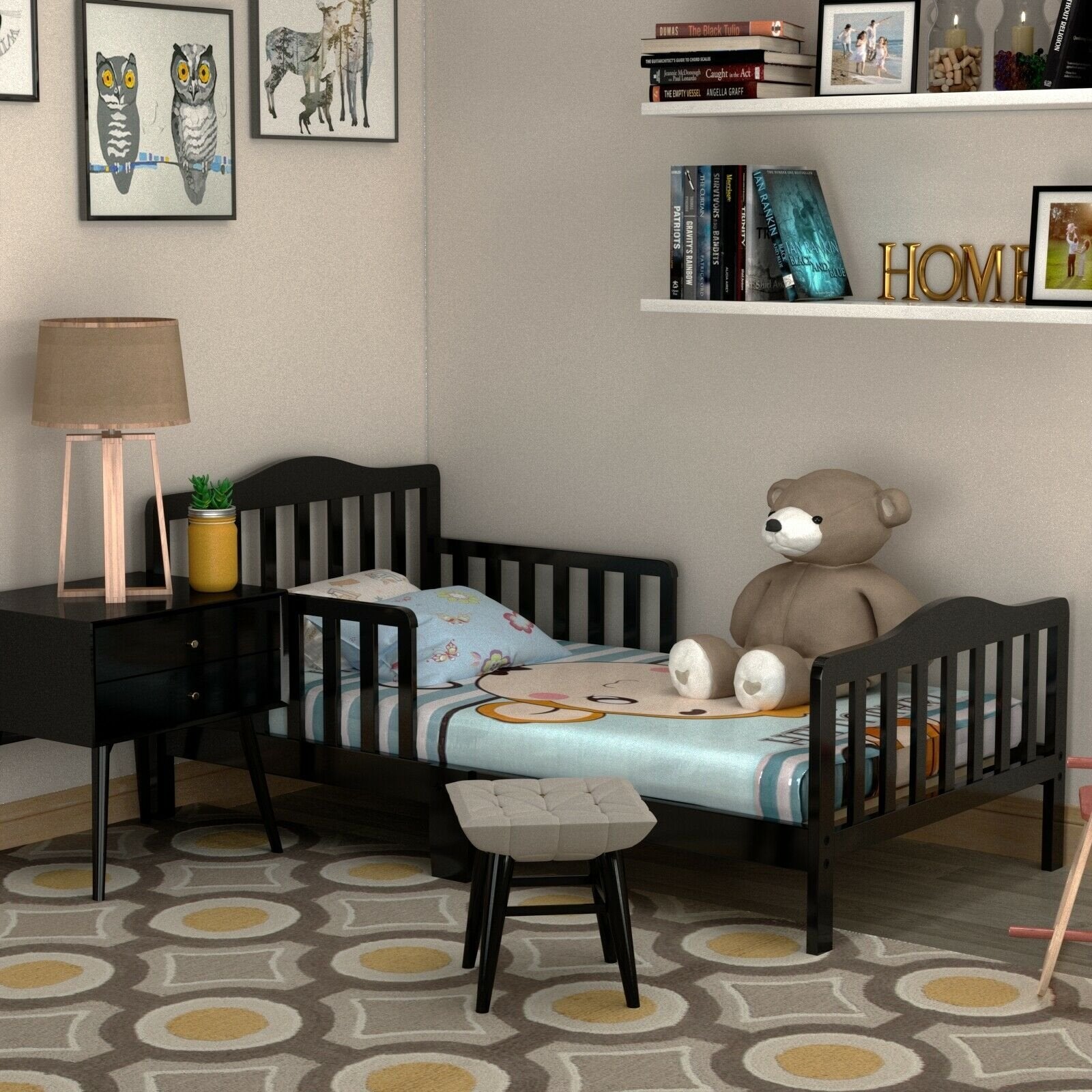 Classic Design Kids Wood Toddler Bed Frame with Two Side Safety Guardrails, Black Toddler Beds   at Gallery Canada