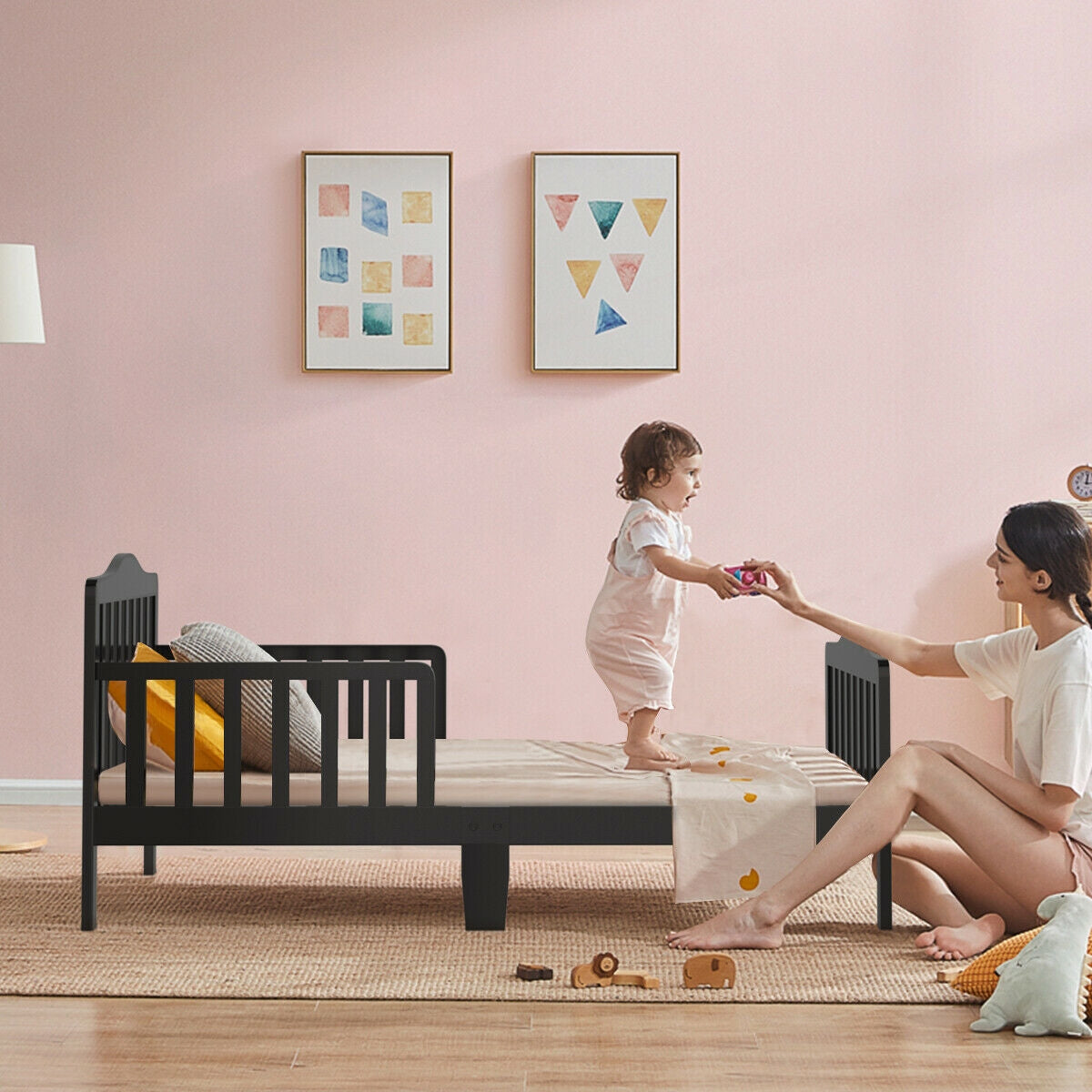 Classic Design Kids Wood Toddler Bed Frame with Two Side Safety Guardrails, Black Toddler Beds at Gallery Canada