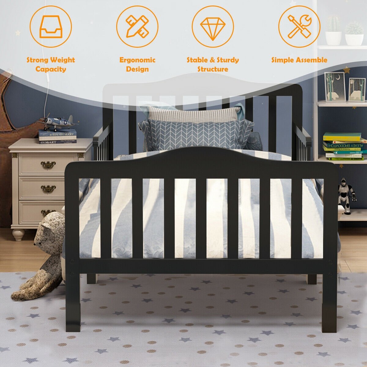 Classic Design Kids Wood Toddler Bed Frame with Two Side Safety Guardrails, Black Toddler Beds   at Gallery Canada