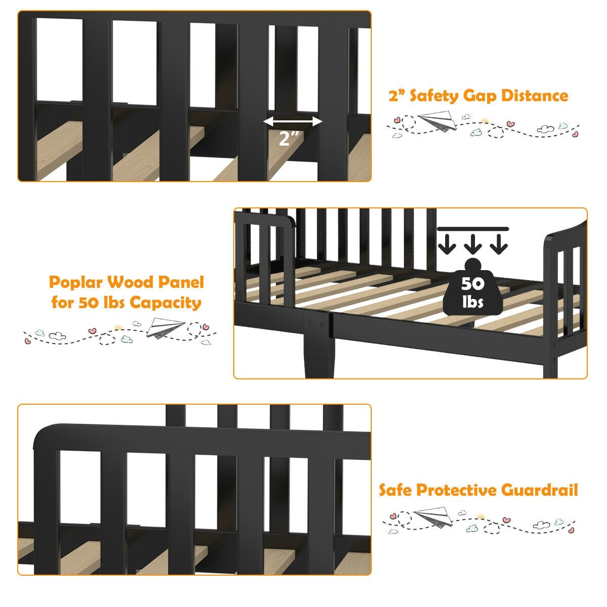 Classic Design Kids Wood Toddler Bed Frame with Two Side Safety Guardrails, Black Toddler Beds   at Gallery Canada