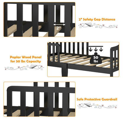 Classic Design Kids Wood Toddler Bed Frame with Two Side Safety Guardrails, Black Toddler Beds   at Gallery Canada