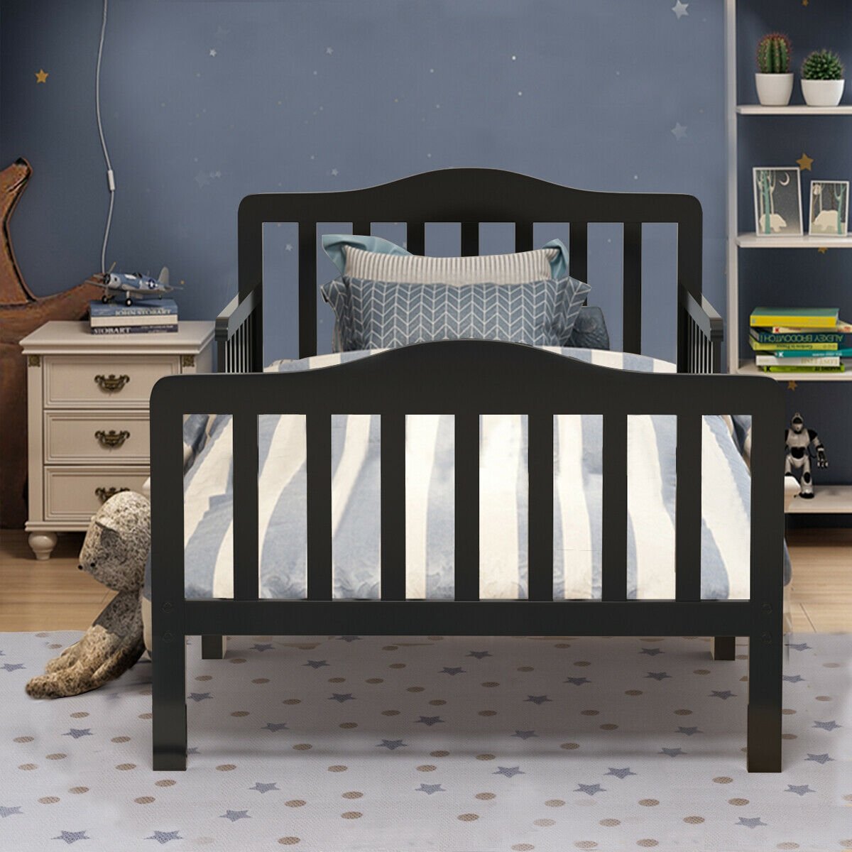 Classic Design Kids Wood Toddler Bed Frame with Two Side Safety Guardrails, Black Toddler Beds   at Gallery Canada