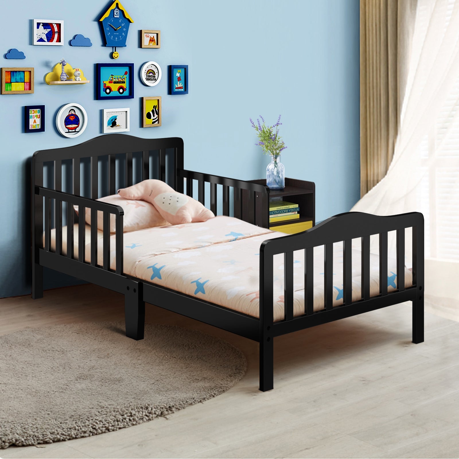 Classic Design Kids Wood Toddler Bed Frame with Two Side Safety Guardrails, Black Toddler Beds at Gallery Canada