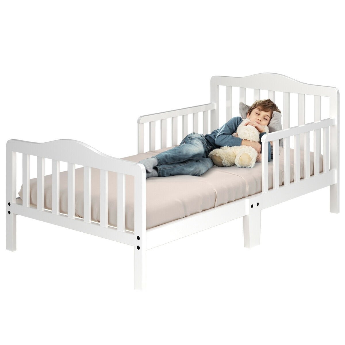 Classic Design Kids Wood Toddler Bed Frame with Two Side Safety Guardrails, White Toddler Beds   at Gallery Canada