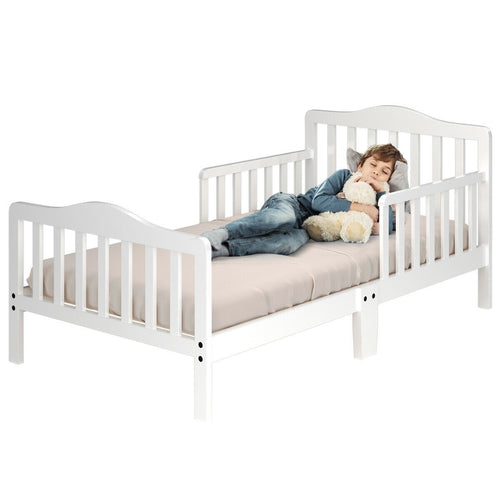 Classic Design Kids Wood Toddler Bed Frame with Two Side Safety Guardrails, White