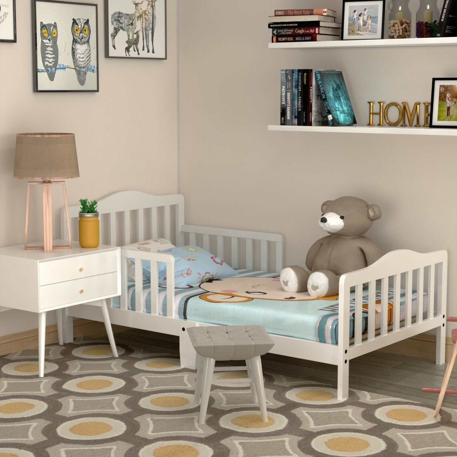 Classic Design Kids Wood Toddler Bed Frame with Two Side Safety Guardrails, White Toddler Beds   at Gallery Canada