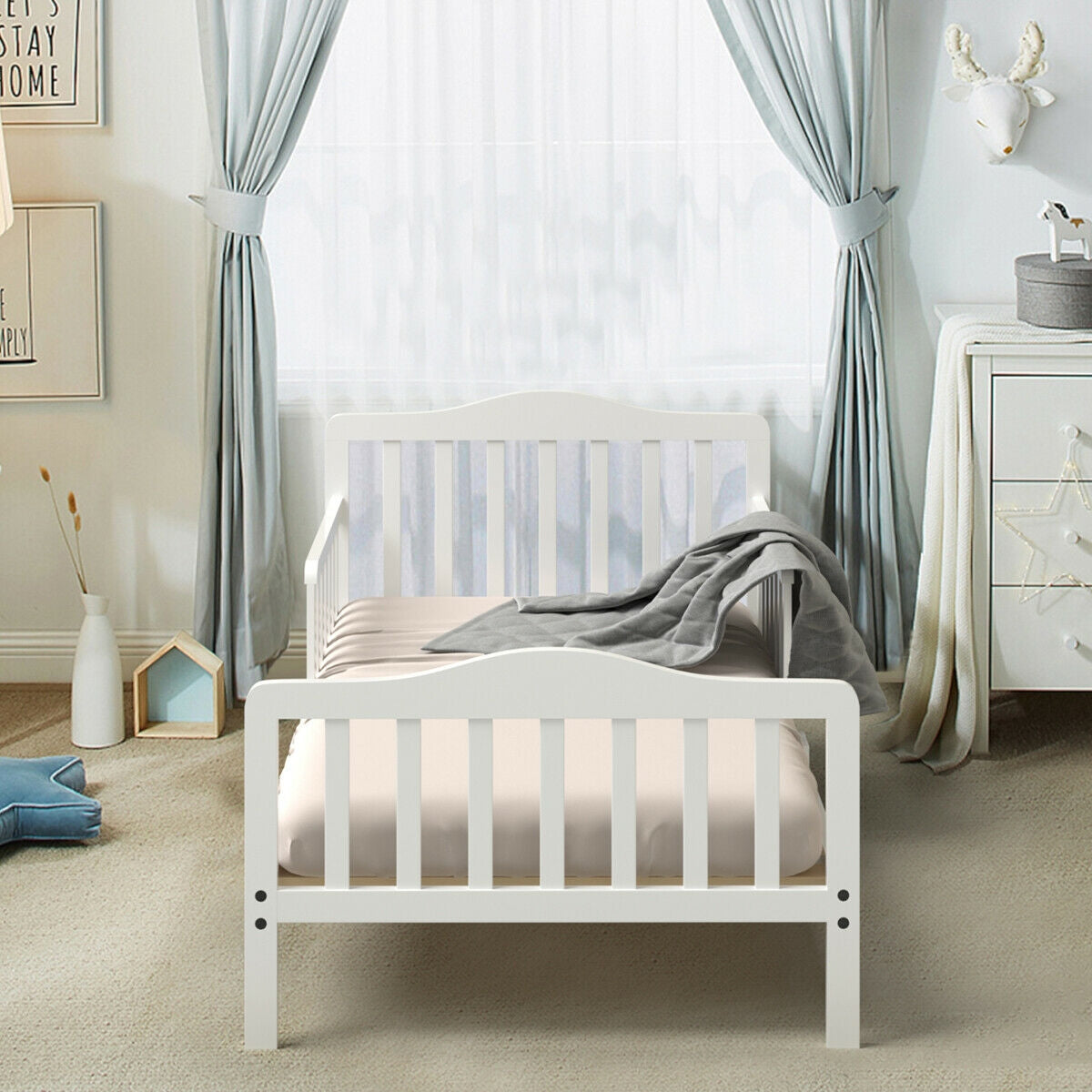 Classic Design Kids Wood Toddler Bed Frame with Two Side Safety Guardrails, White Toddler Beds at Gallery Canada