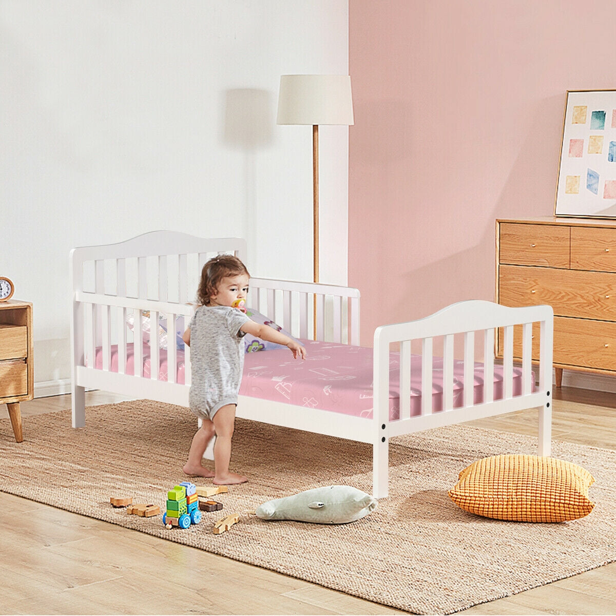 Classic Design Kids Wood Toddler Bed Frame with Two Side Safety Guardrails, White Toddler Beds at Gallery Canada