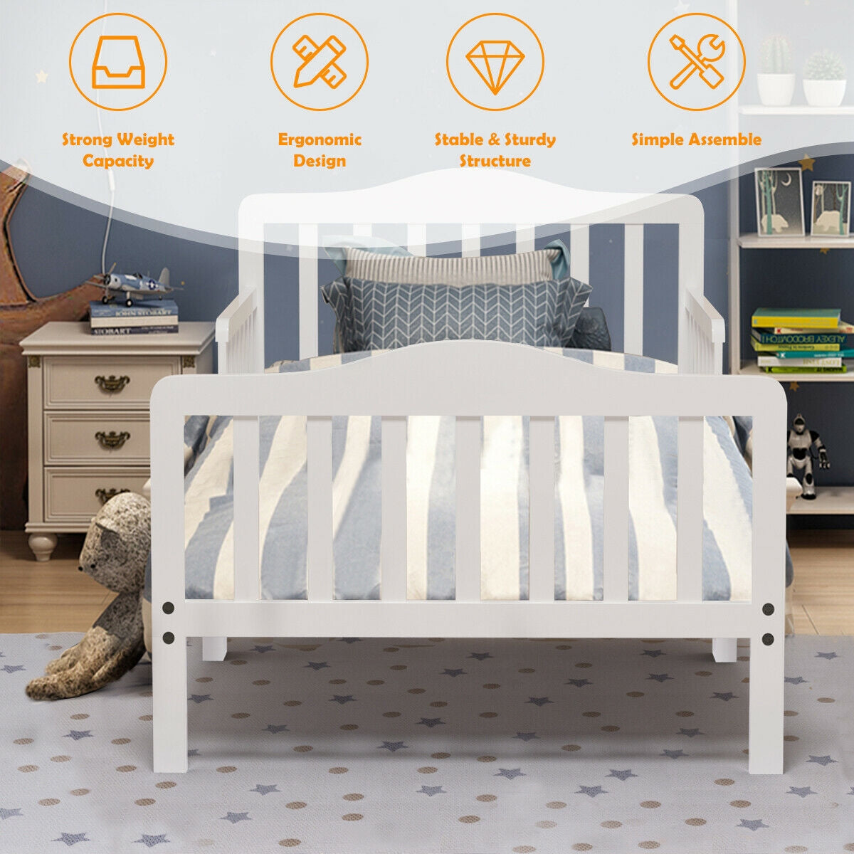 Classic Design Kids Wood Toddler Bed Frame with Two Side Safety Guardrails, White Toddler Beds at Gallery Canada