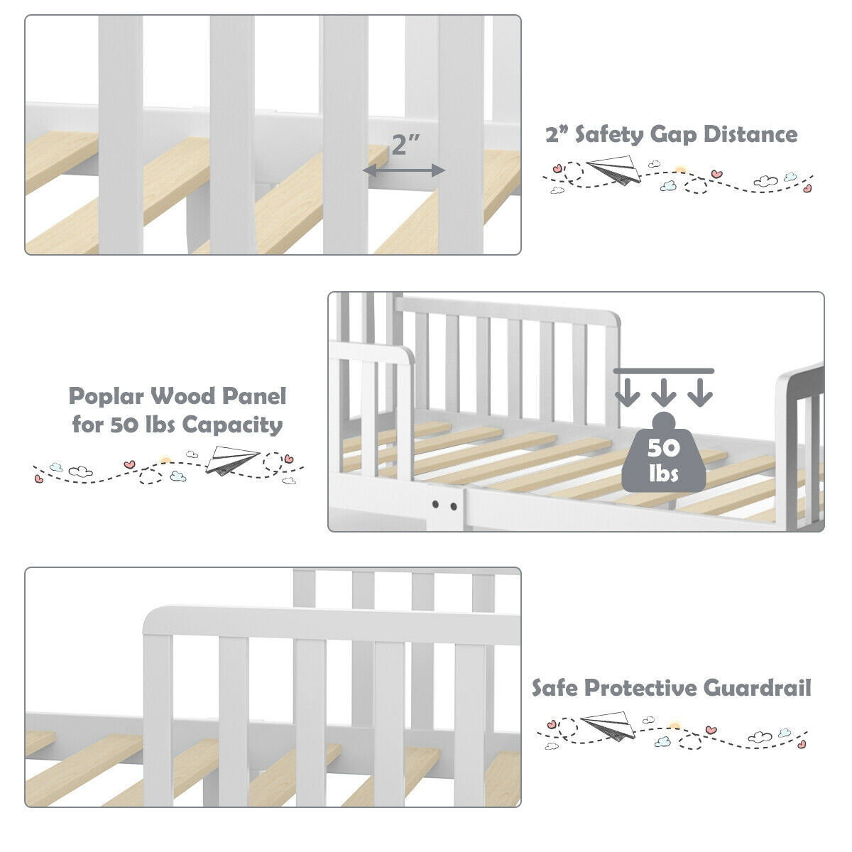 Classic Design Kids Wood Toddler Bed Frame with Two Side Safety Guardrails, White Toddler Beds at Gallery Canada