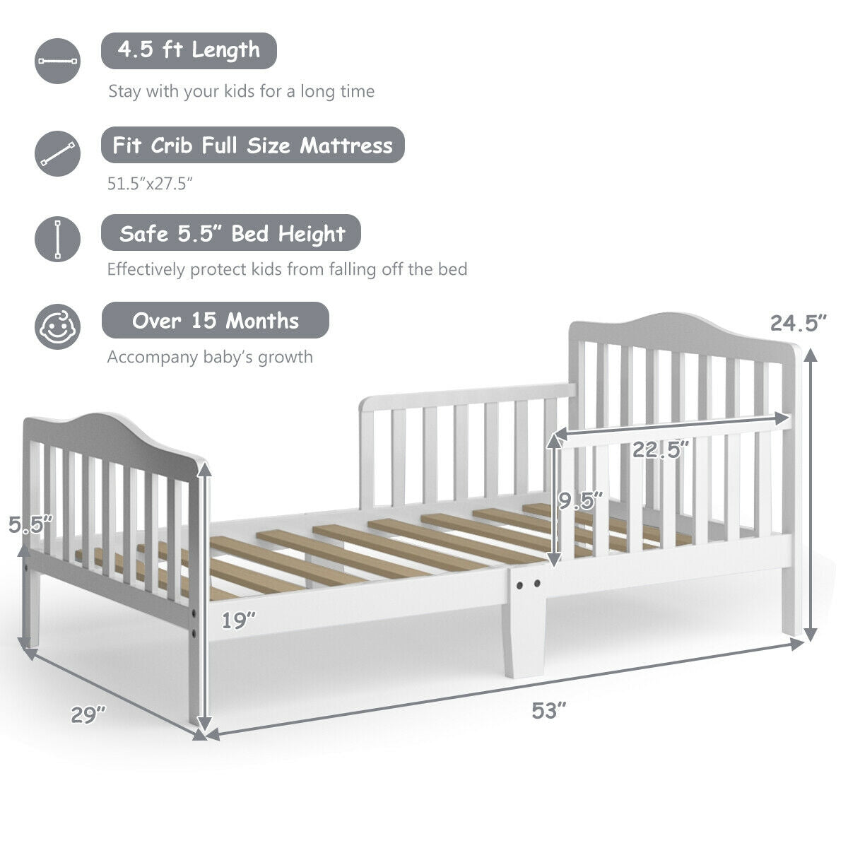 Classic Design Kids Wood Toddler Bed Frame with Two Side Safety Guardrails, White Toddler Beds at Gallery Canada