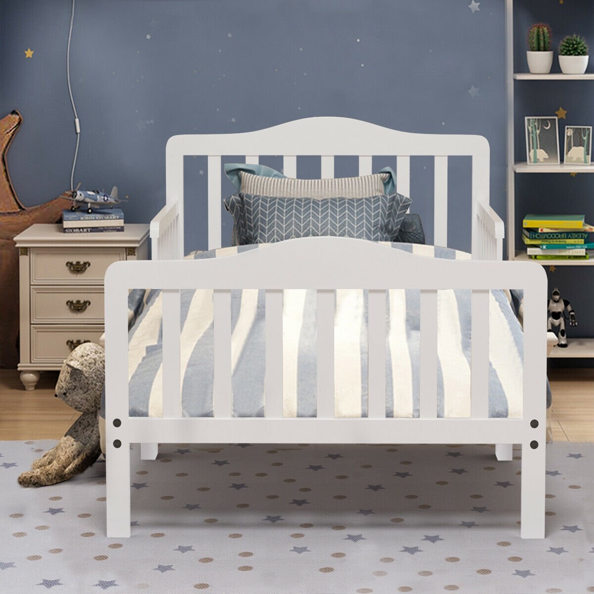 Classic Design Kids Wood Toddler Bed Frame with Two Side Safety Guardrails, White Toddler Beds   at Gallery Canada