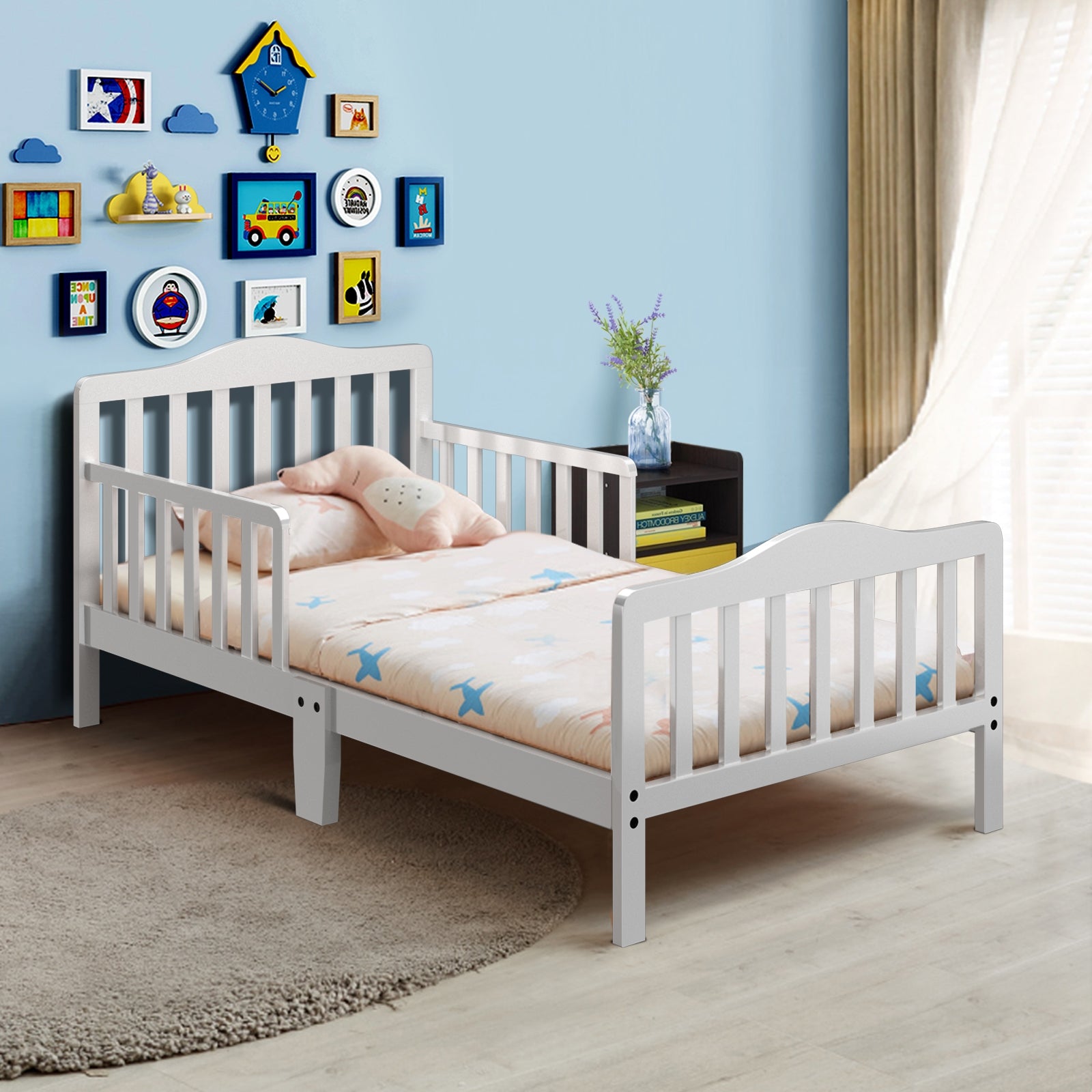 Classic Design Kids Wood Toddler Bed Frame with Two Side Safety Guardrails, White Toddler Beds at Gallery Canada