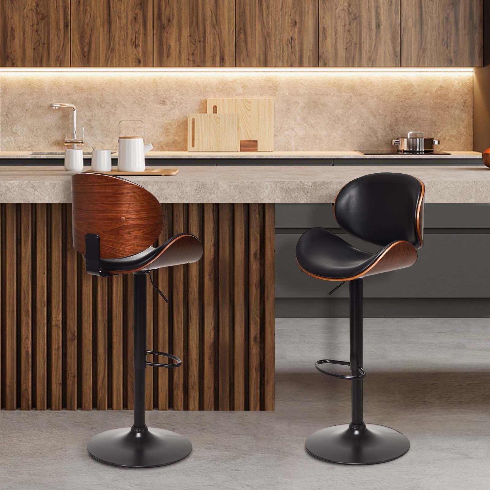 Set of 2 Adjustable Swivel PU Leather Bar Stools with Curved Footrest, Brown Bar Stools   at Gallery Canada