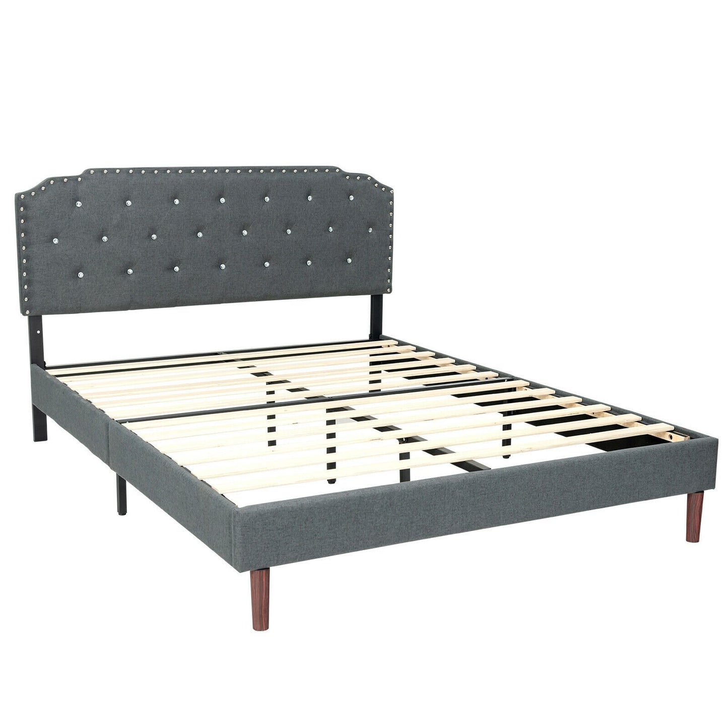 Upholstered Bed Frame with Adjustable Diamond Button Headboard-Full Size, Gray Simple Bed Frame   at Gallery Canada