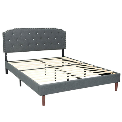 Upholstered Bed Frame with Adjustable Diamond Button Headboard-Full Size, Gray Simple Bed Frame   at Gallery Canada