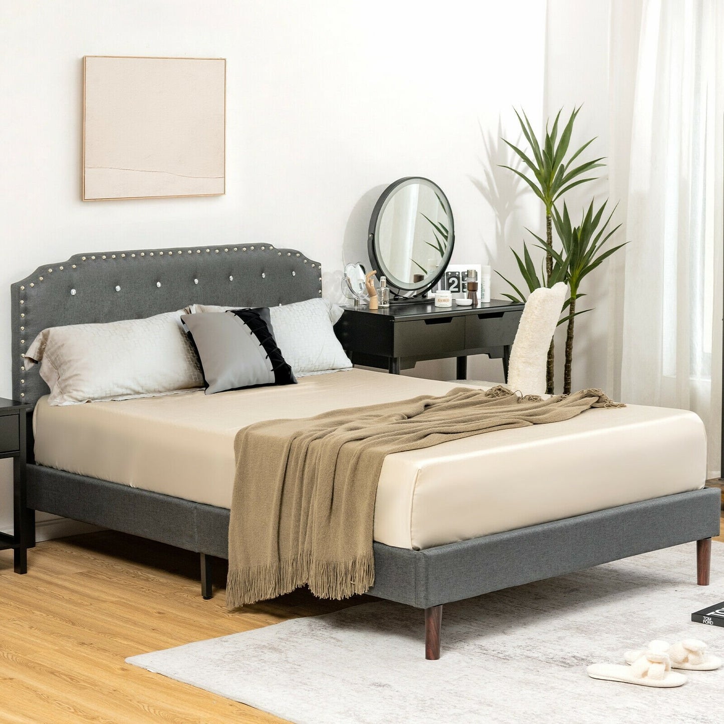 Upholstered Bed Frame with Adjustable Diamond Button Headboard-Full Size, Gray Simple Bed Frame   at Gallery Canada