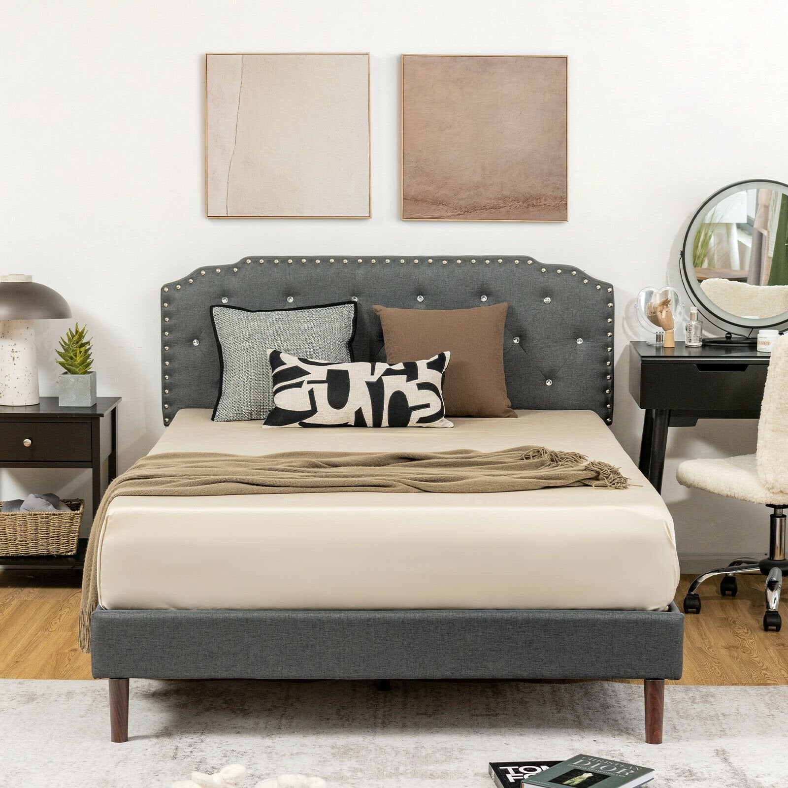 Upholstered Bed Frame with Adjustable Diamond Button Headboard-Full Size, Gray Simple Bed Frame   at Gallery Canada