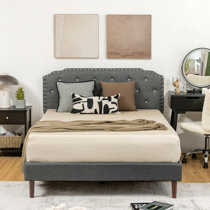 Upholstered Bed Frame with Adjustable Diamond Button Headboard-Full Size, Gray Simple Bed Frame   at Gallery Canada