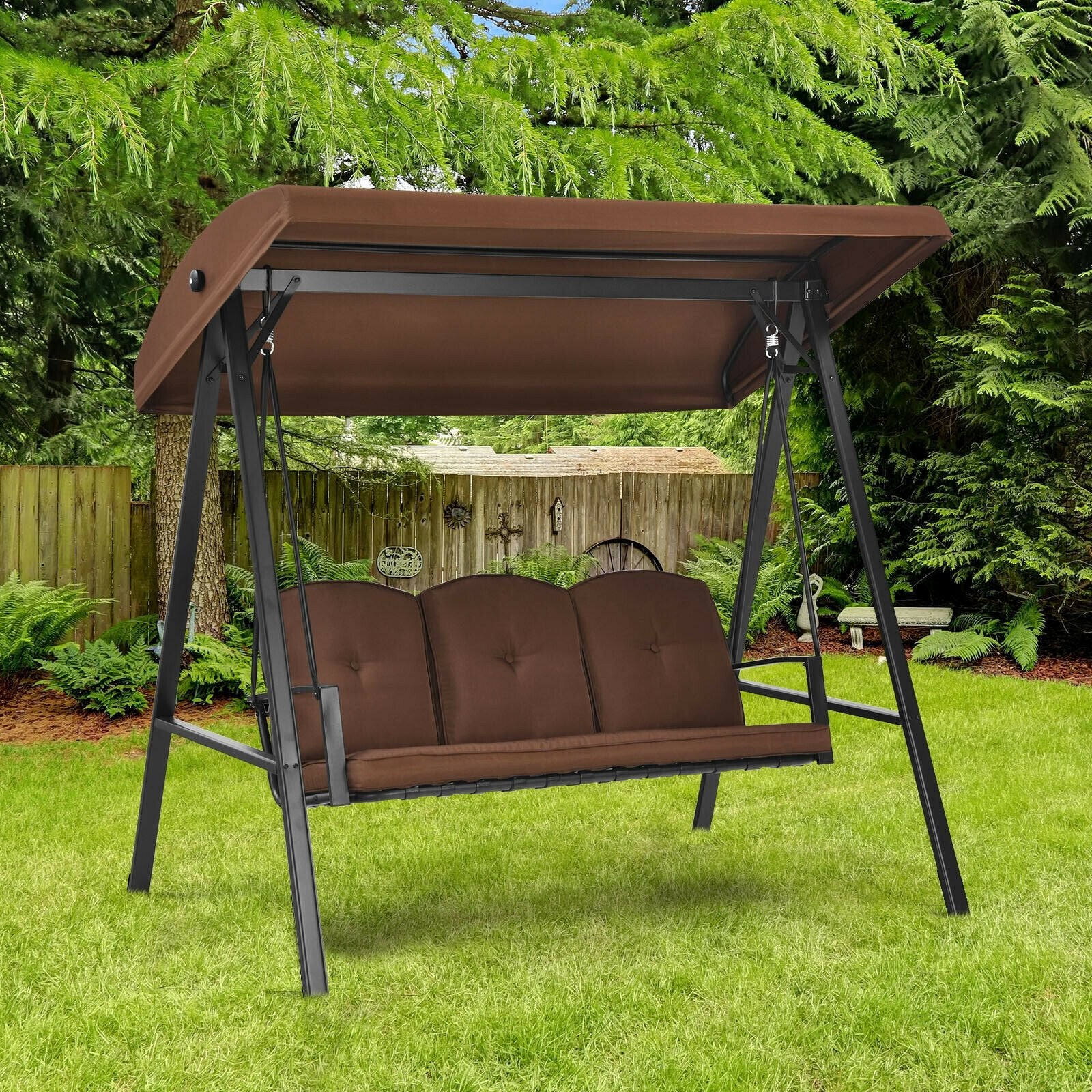 Outdoor 3-Seat Porch Swing with Adjust Canopy and Cushions, Brown Porch Swings   at Gallery Canada